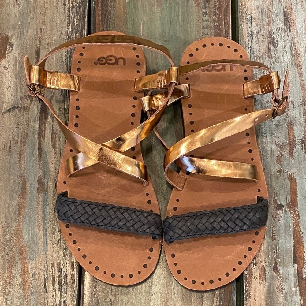 UGG NWOT Jordyne Sandals Flats Size 5 Metallic Copper Leather Braided Black - Picture 6 of 13